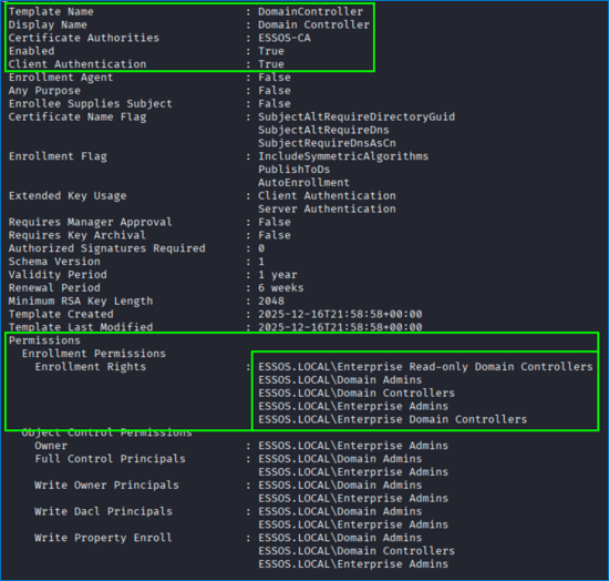 DomainController template details showing Client Authentication enabled and enrollment rights for Domain Controllers