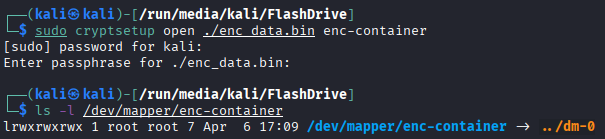 Terminal output showing cryptsetup open prompting for passphrase and mapping the LUKS partition