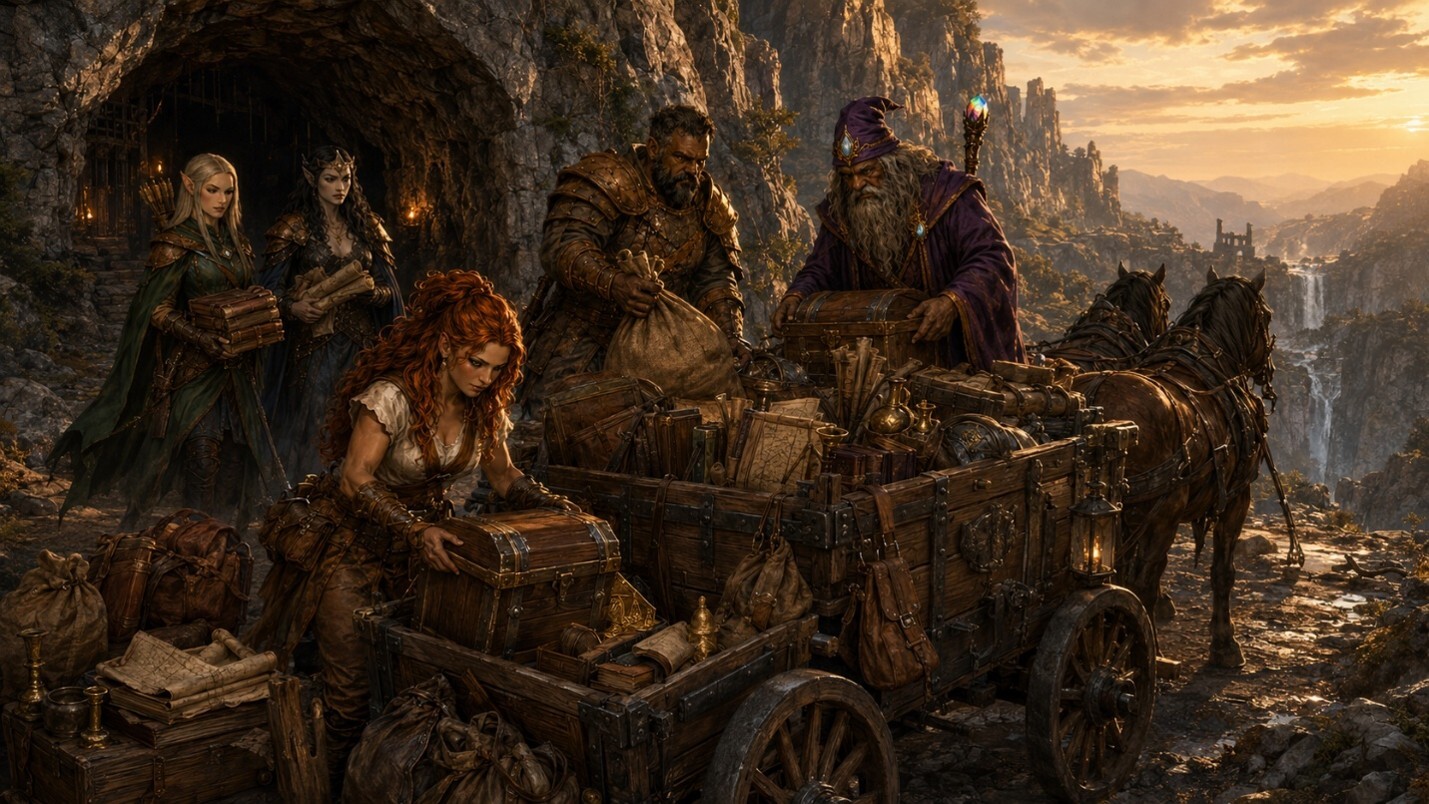 RPG-themed illustration of adventurers sorting through collected loot representing the after-action review process