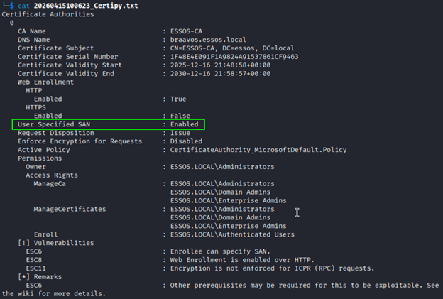 CA configuration showing User Specified SAN enabled