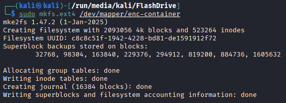 Terminal output showing mkfs.ext4 creating an ext4 filesystem on the encrypted partition
