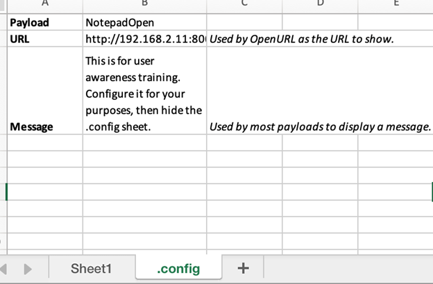 A screenshot of the open excel workbook on the dot config sheet