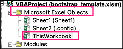 Project navigation tree in the Excel VBA editor with ThisWorkbook highlighted