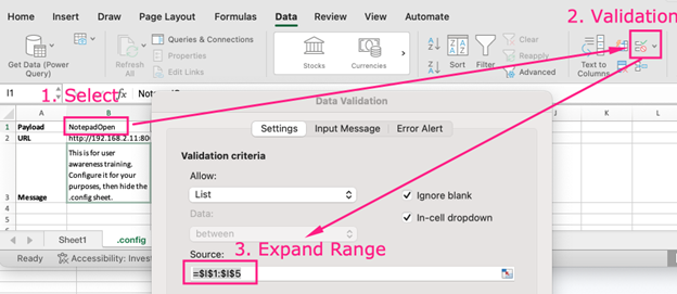 Excel validation dialog showing how to expand the payload range