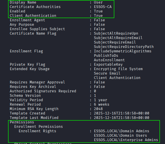 User template configuration showing Client Authentication and Domain Users enrollment
