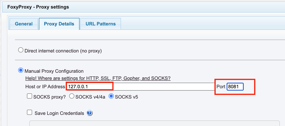 FoxyProxy Chrome settings with IP 127.0.0.1 and port 8081
