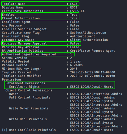 ESC3 template showing Client Authentication and signature requirements