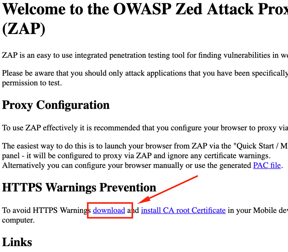 ZAP webpage with link to download CA certificate