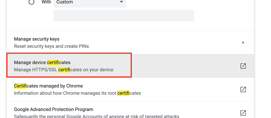 Chrome settings filtered to show Security under Privacy and security