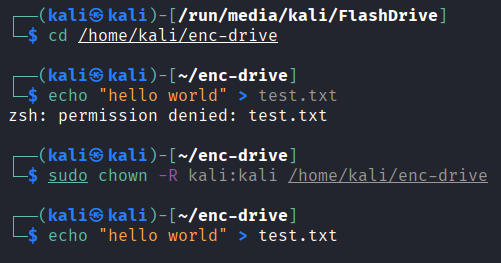 Terminal output showing a permission denied error before chown, then successful file creation after