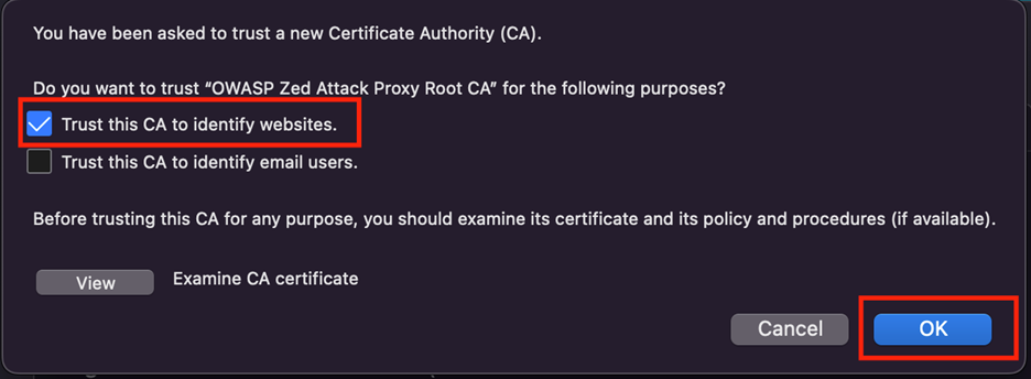 Firefox dialog asking to trust OWASP ZAP Root CA
