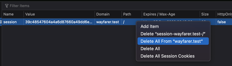 Browser dev tools showing Delete All cookies option