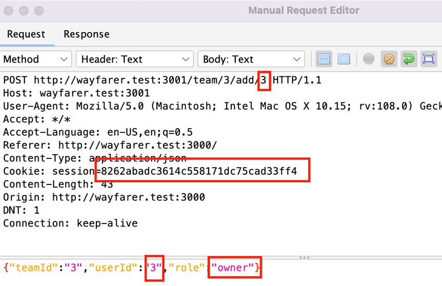 POST request with modified session cookie, userId, and role