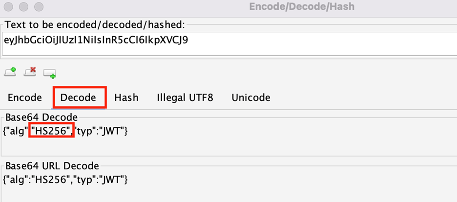 ZAP Encode/Decode tool showing alg claim as HS256