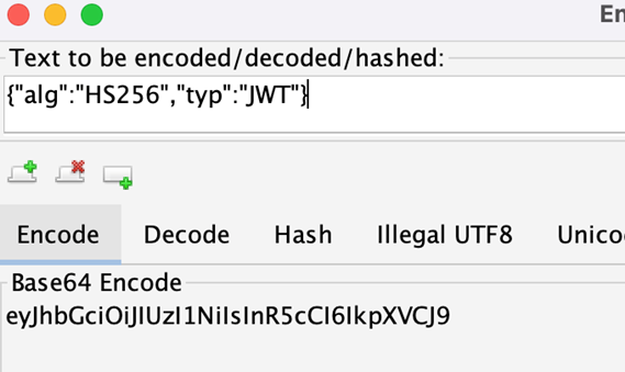 ZAP Encode tab with decoded JWT header pasted for re-encoding