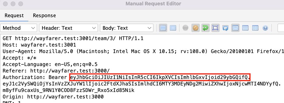 ZAP Request Editor with modified JWT header replacing original