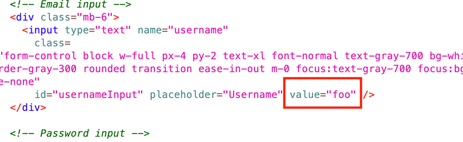 HTML source showing input value attribute containing foo