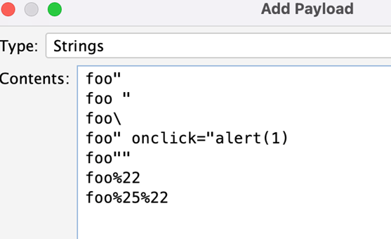 ZAP payload dialog with XSS test strings using quote and backslash characters