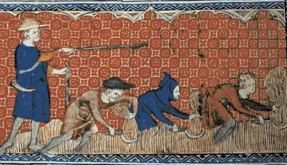 Medieval illustration of a reeve directing serfs, humorously captioned as IT professionals and their project manager