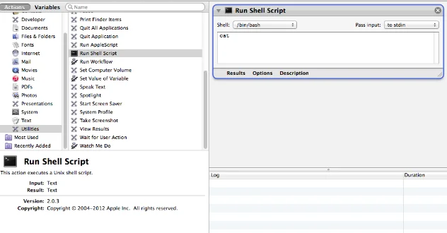 Automator workflow editor showing the Run Shell Script action added from the Utilities library