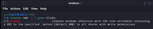 NetExec Slinky module help output showing basic usage and description