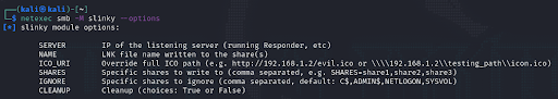NetExec Slinky module options showing NAME, SERVER, and CLEANUP parameters