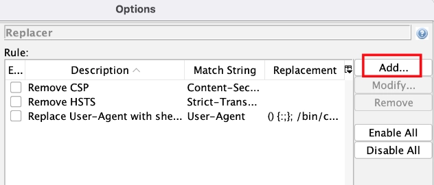 Replacer Options dialog with Add button