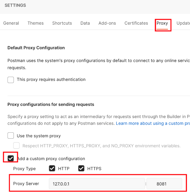 Postman proxy settings configured for ZAP