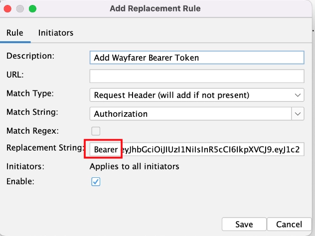 Add Replacement Rule dialog with Authorization header configured