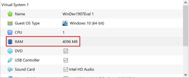 VirtualBox import settings with 4096 MB RAM configured