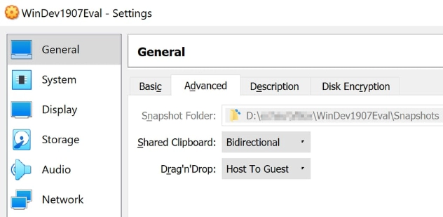 VirtualBox General settings with clipboard and drag-and-drop sharing enabled