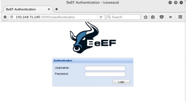 BeEF authentication login page with username and password fields