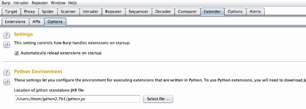 Burp Suite Extender Options tab showing the Python Environment path configuration