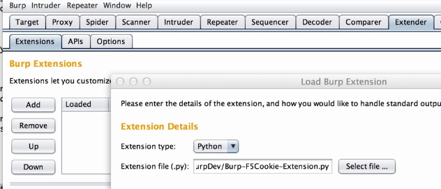 Burp Suite Add Extension dialog with Python selected and file path specified