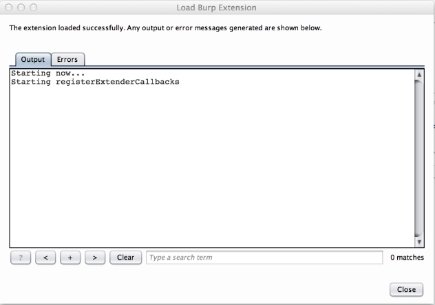 Burp Suite showing the extension loaded successfully with no errors