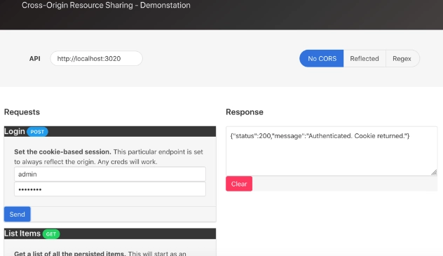 Musashi CORS demonstrator interface showing the client app with API endpoint configuration and CORS policy options