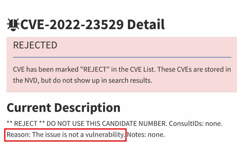 NIST NVD detail page for CVE-2022-23529 showing the rejected status