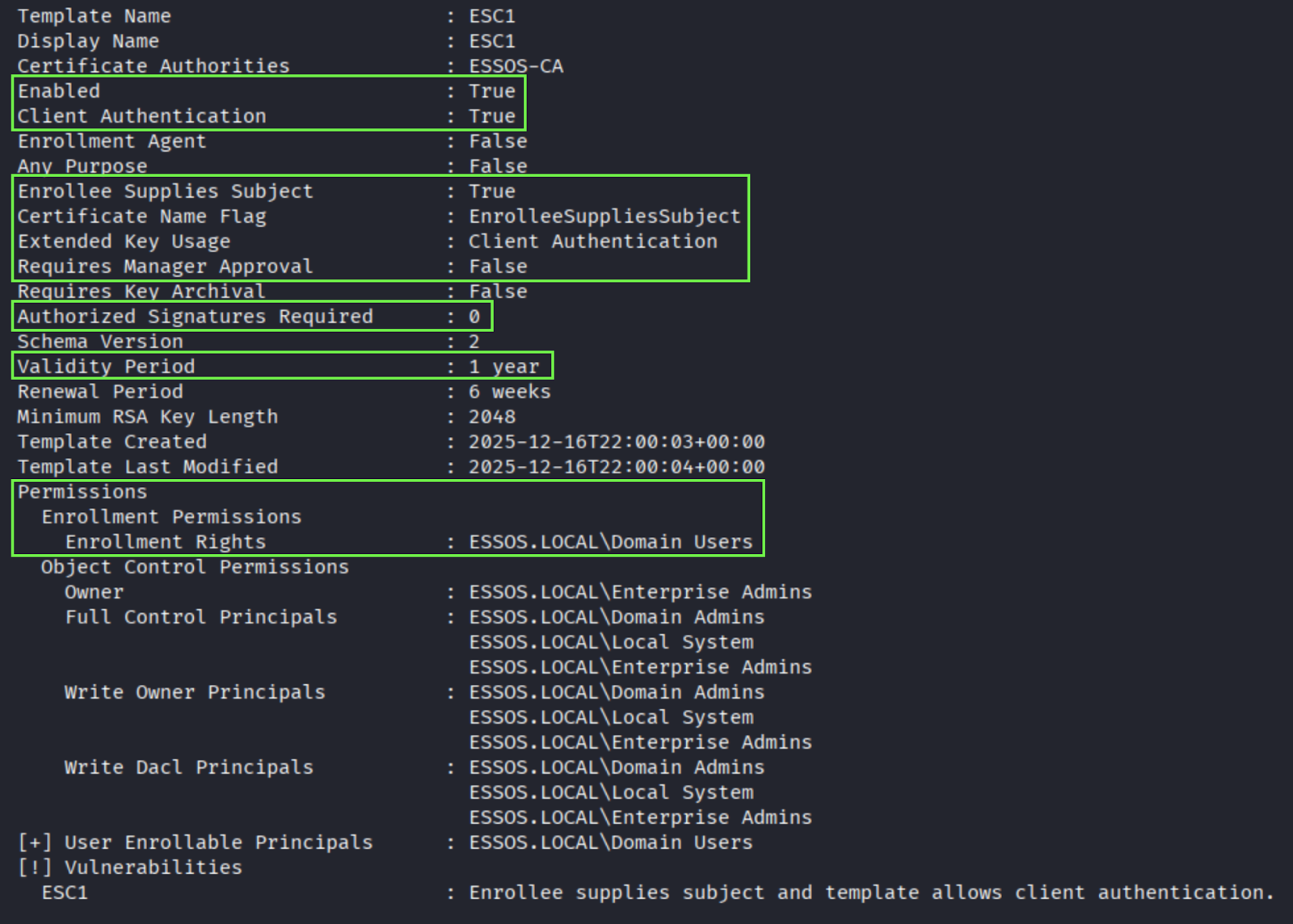 ESC1 vulnerable template details