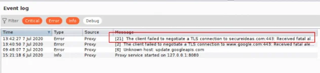 Burp Suite Dashboard event log showing TLS certificate errors