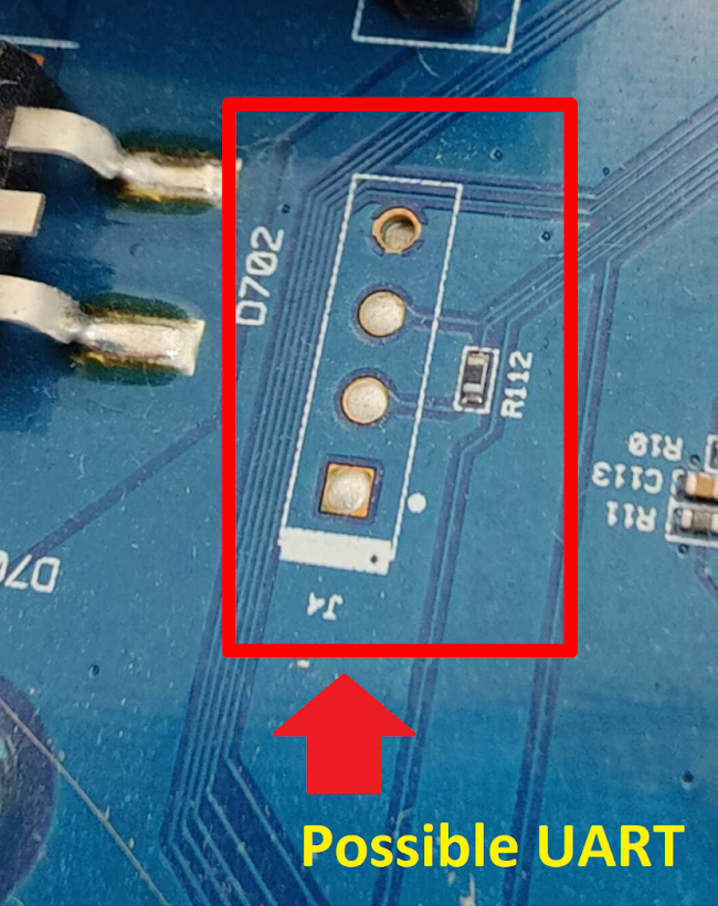 Unpopulated 1x4 pin header rows on a PCB that are good candidates to test for UART